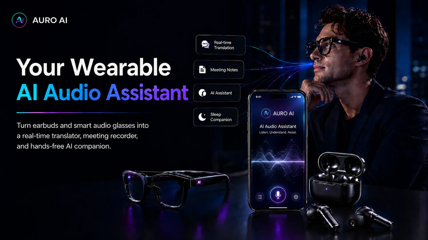 Auro AI smart audio assistant connected with wearable audio devices