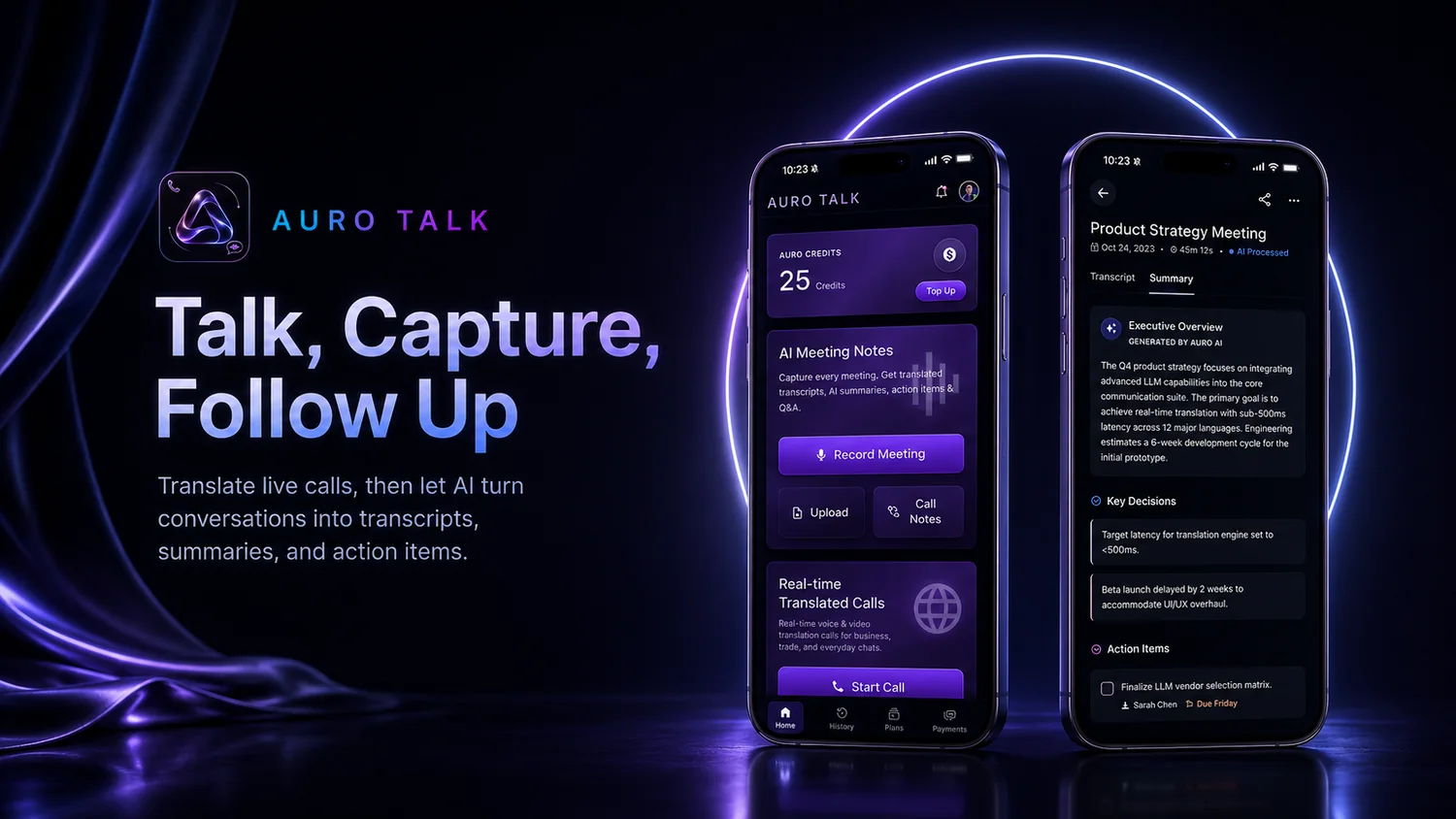 Auro Talk app screens for translated calls and AI meeting notes