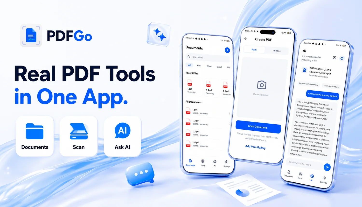 PDFGo document reader, scanner, and AI document assistant app screens