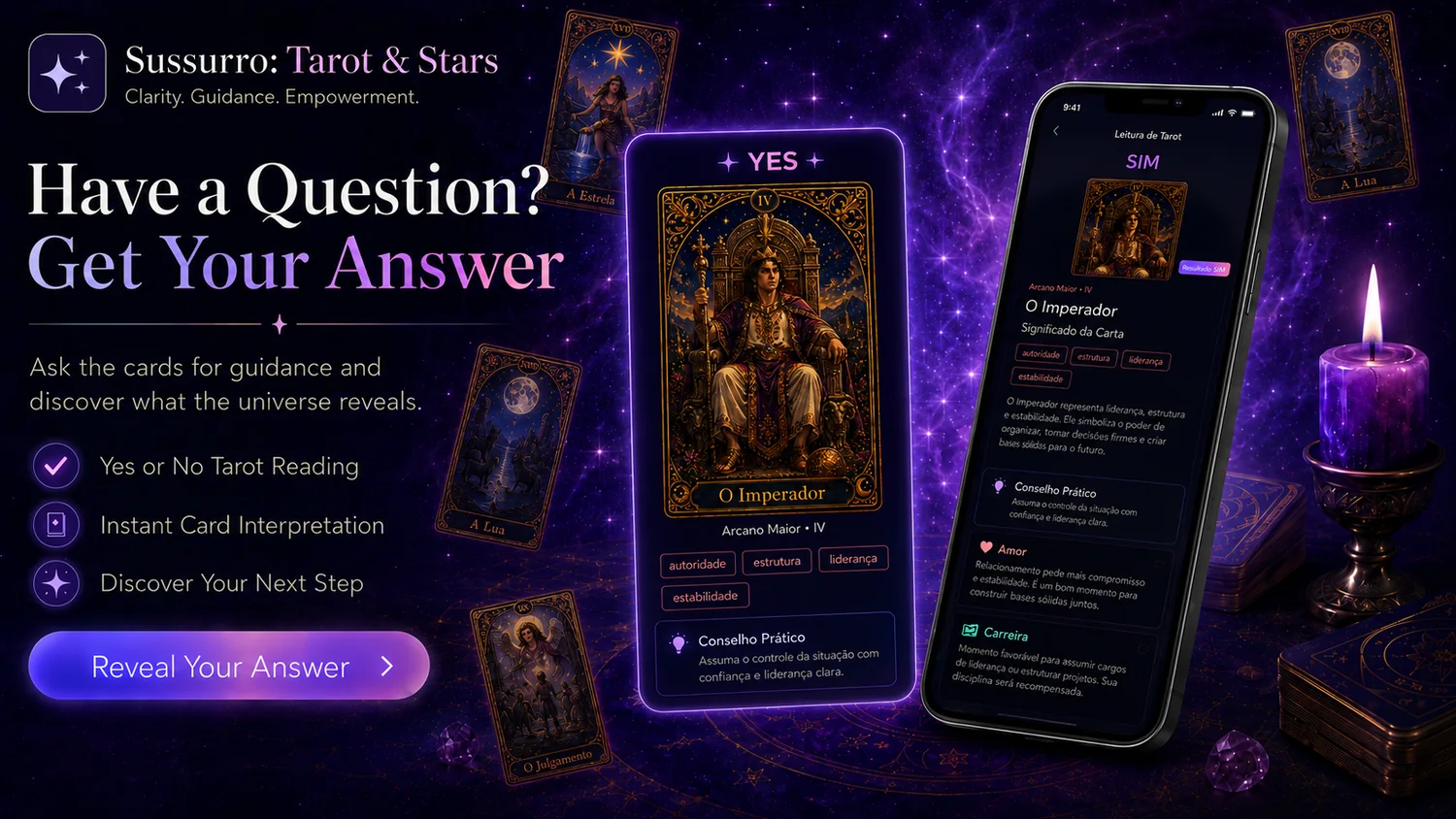 Sussurro Tarot and Stars app showing a tarot reading