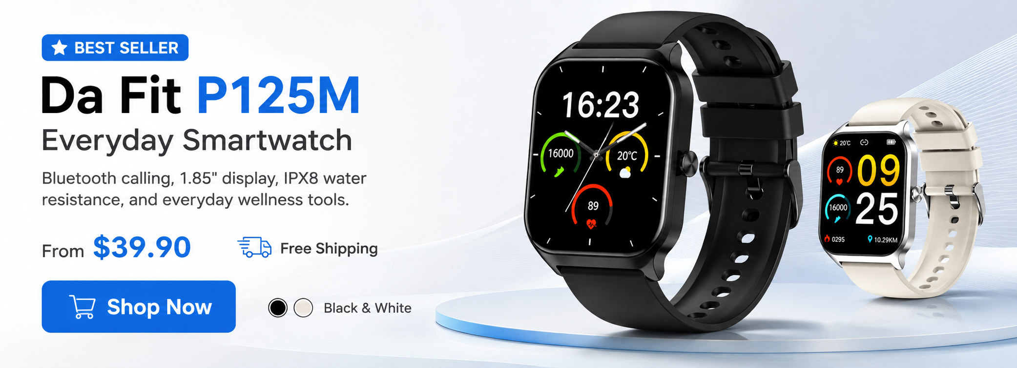 Da Fit P125M black and white everyday smartwatches with Bluetooth calling, 1.85-inch display, and IPX8 water resistance