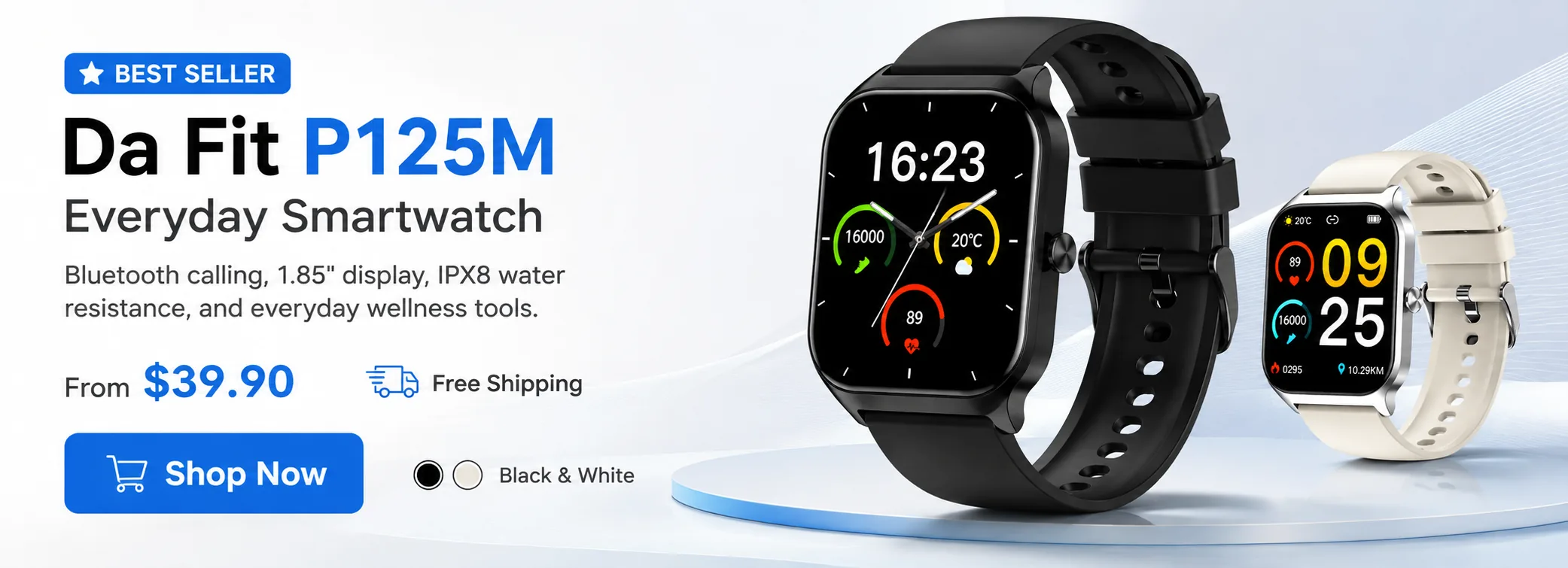 Da Fit P125M black and white everyday smartwatches with Bluetooth calling, 1.85-inch display, and IPX8 water resistance