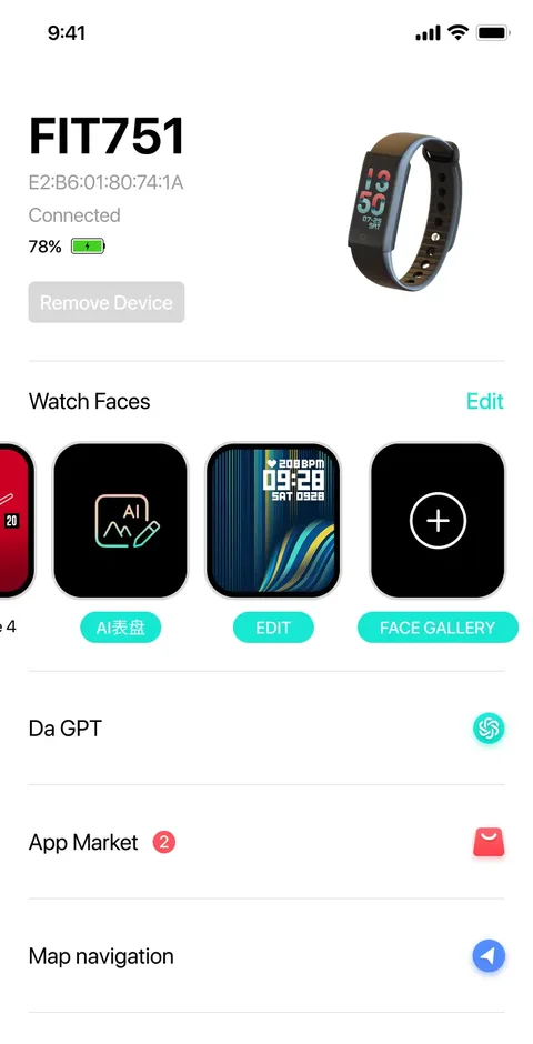 Da Fit device control page with connected smartwatch, watch faces, notifications, alarms, and settings