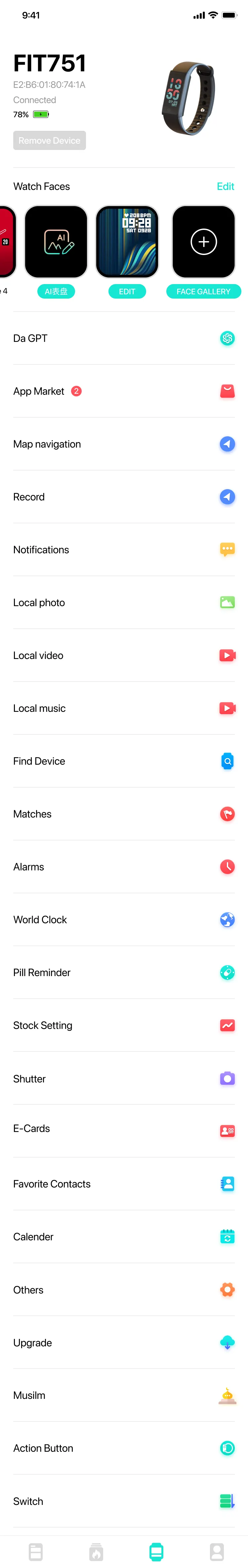 Da Fit device control page with connected smartwatch, watch faces, notifications, alarms, and settings
