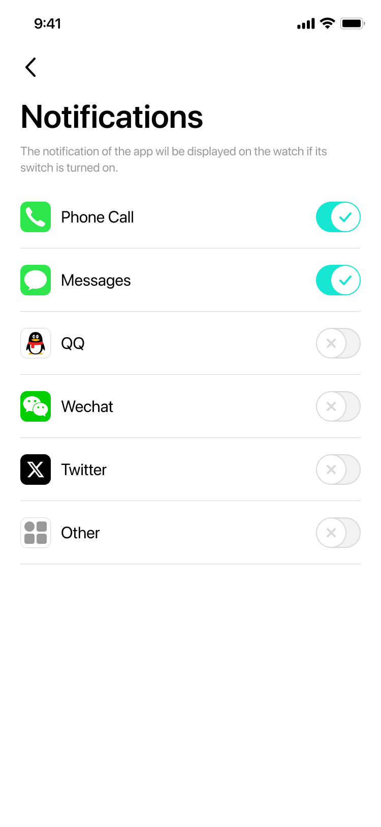 Da Fit notifications setting page with calls, messages, and app alert switches