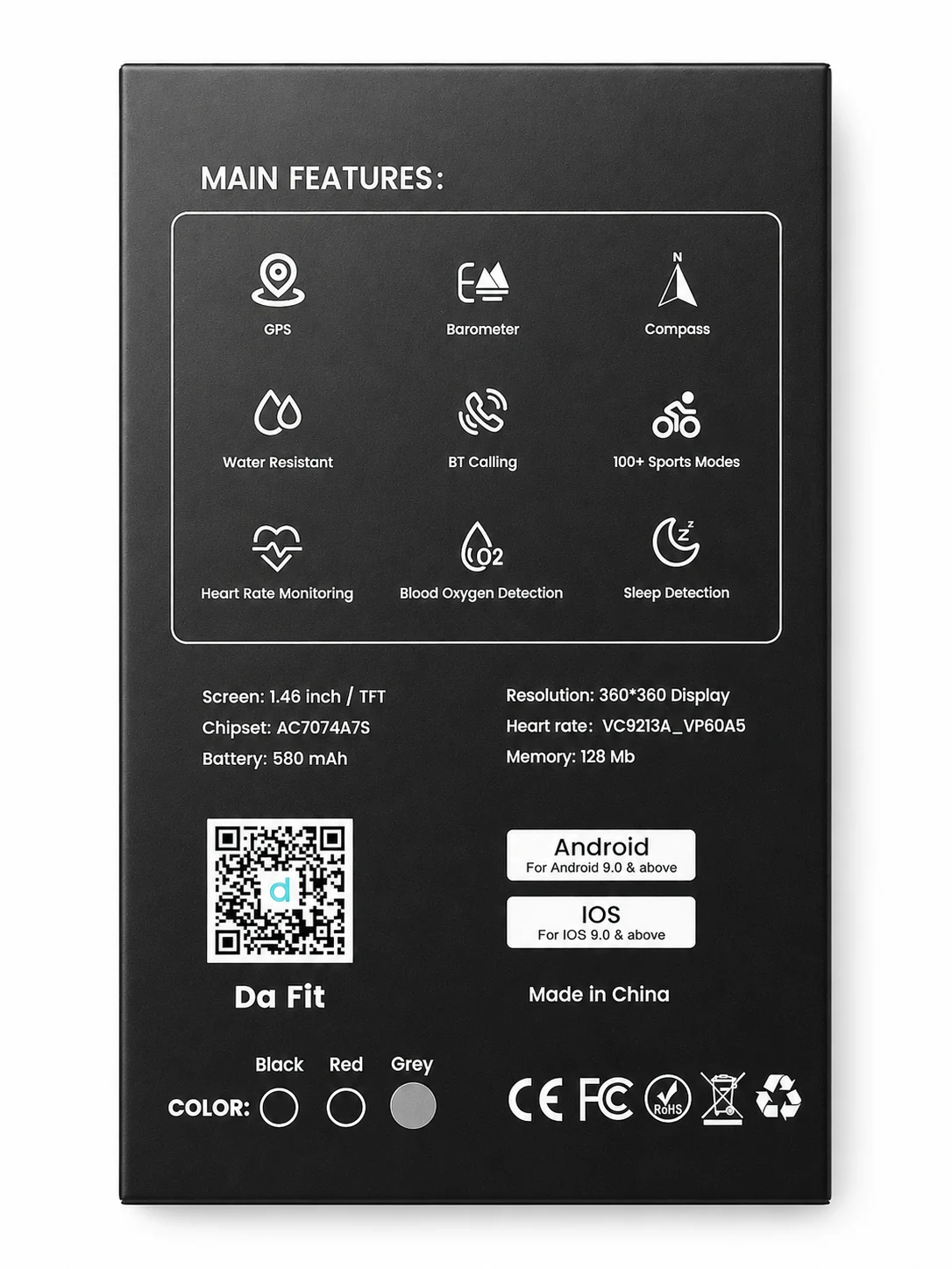 Back of the Da Fit C31 retail package showing product feature icons