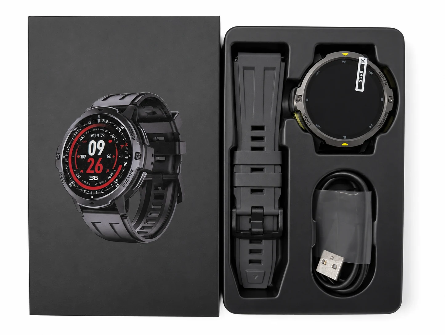 Da Fit C31 retail package with watch, removable strap, and magnetic USB charging cable