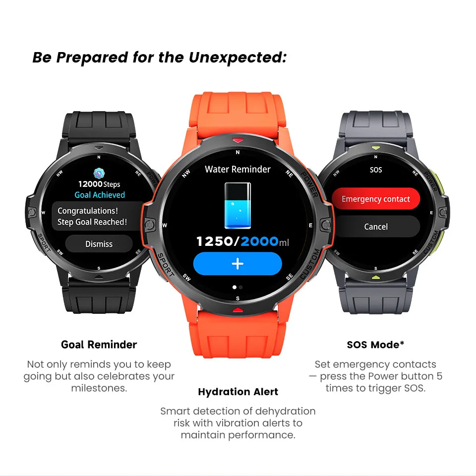 Official Da Fit C31 goal reminder, hydration alert, and SOS mode visual