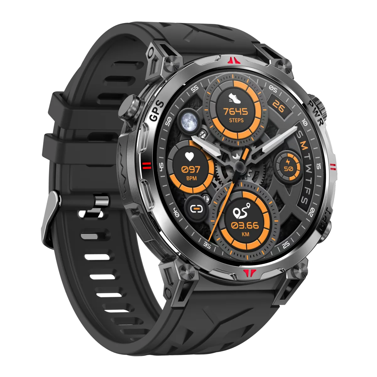 Da Fit KC93 gunmetal GPS outdoor smartwatch with a black silicone strap