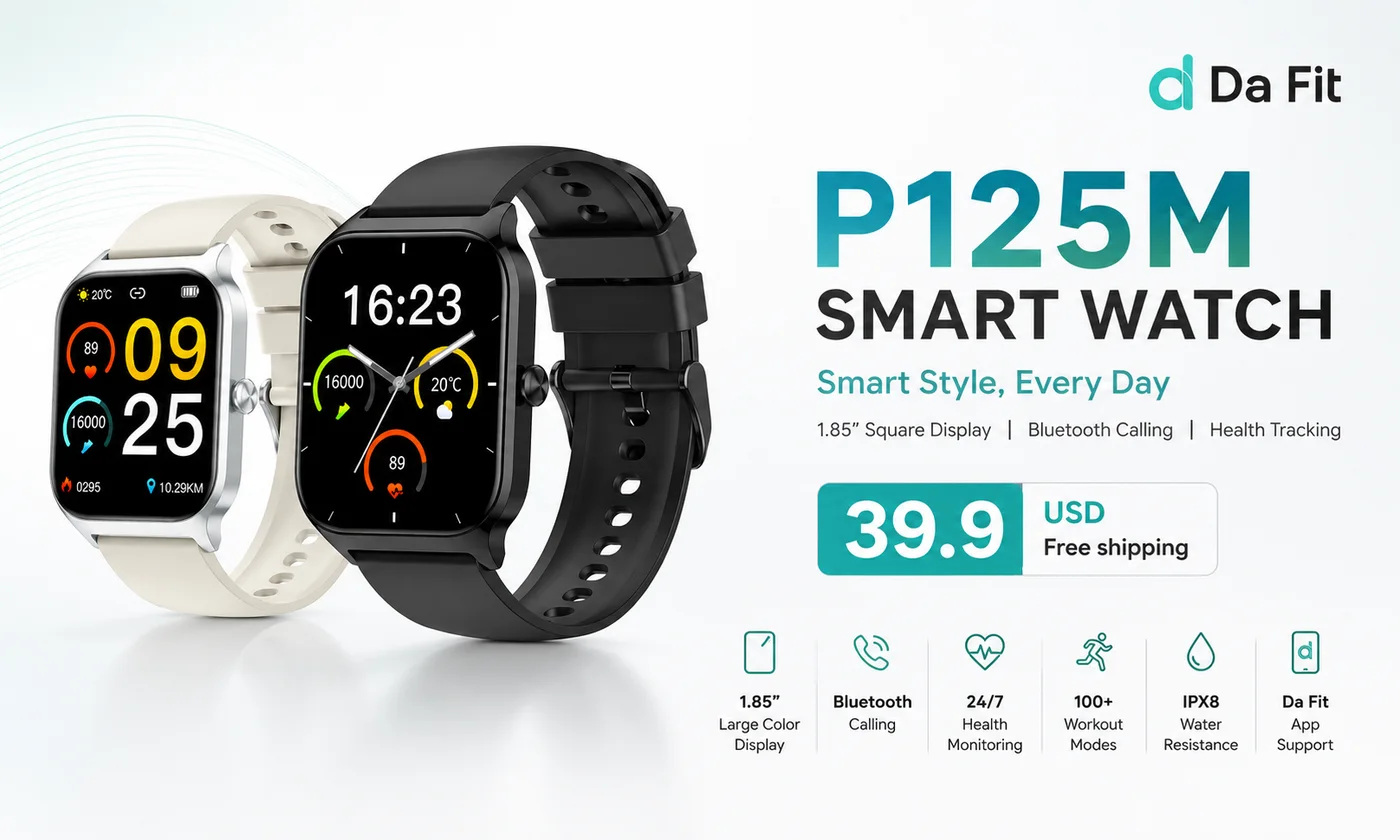 Da Fit P125M smartwatch in black and white with price and feature highlights