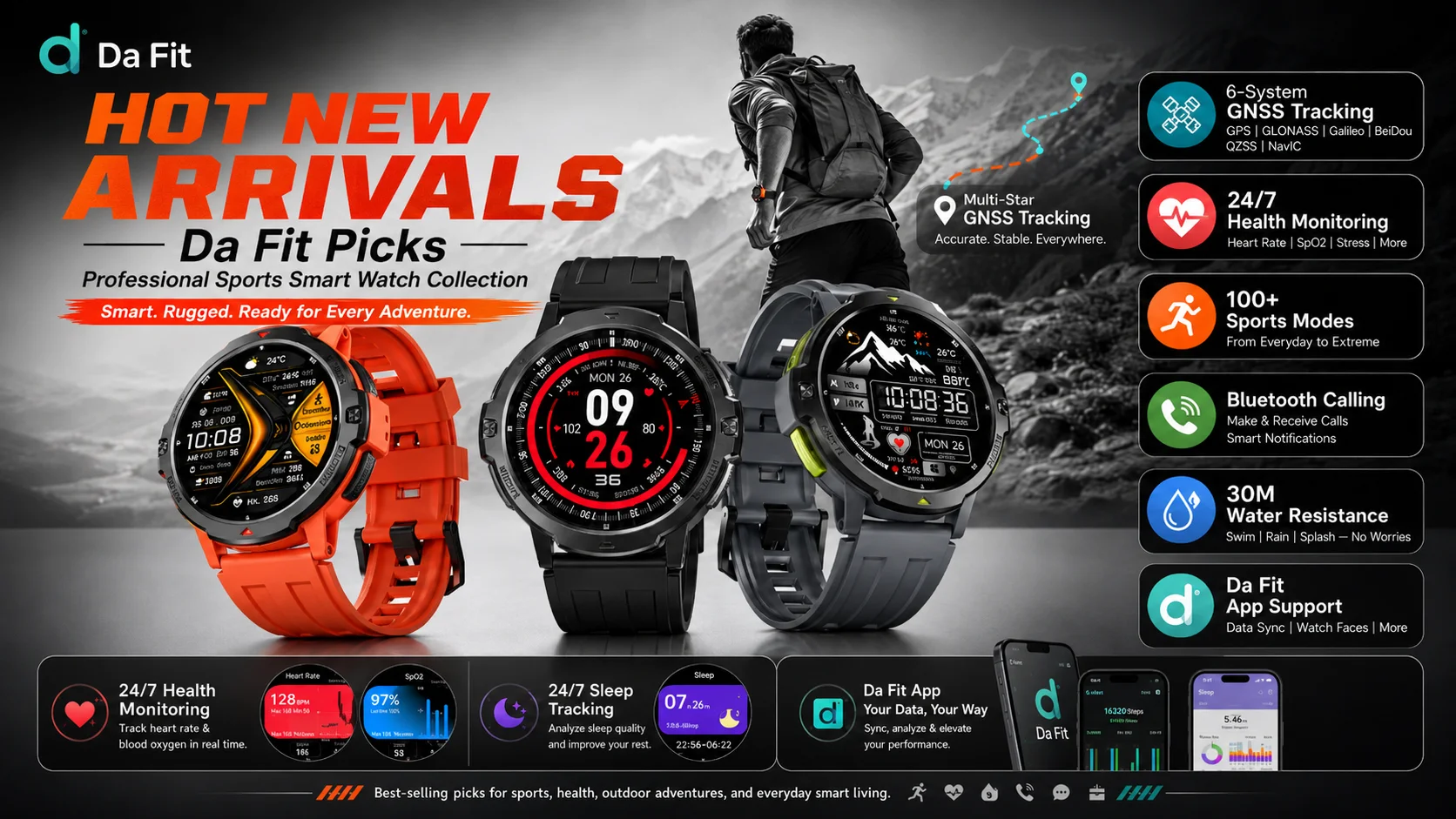 Da Fit professional sports smartwatch collection for outdoor adventures, health tracking, sports and Bluetooth calling