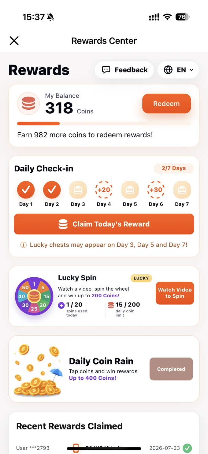 Da Fit Rewards Center with daily check-in, lucky spin, Coin Rain activity, and redeem rewards