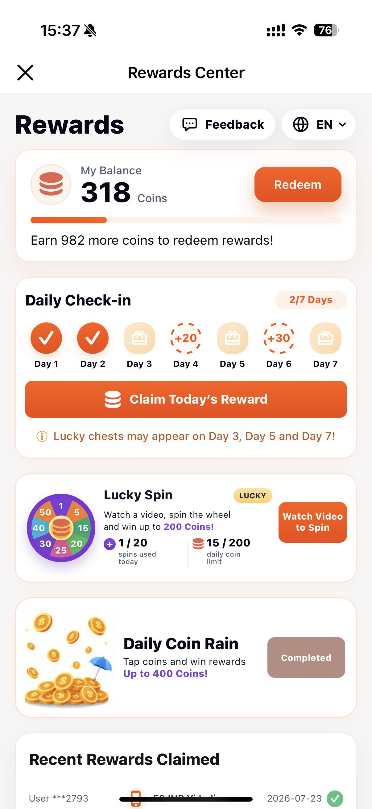 Da Fit Rewards Center with daily check-in, lucky spin, Coin Rain activity, and redeem rewards
