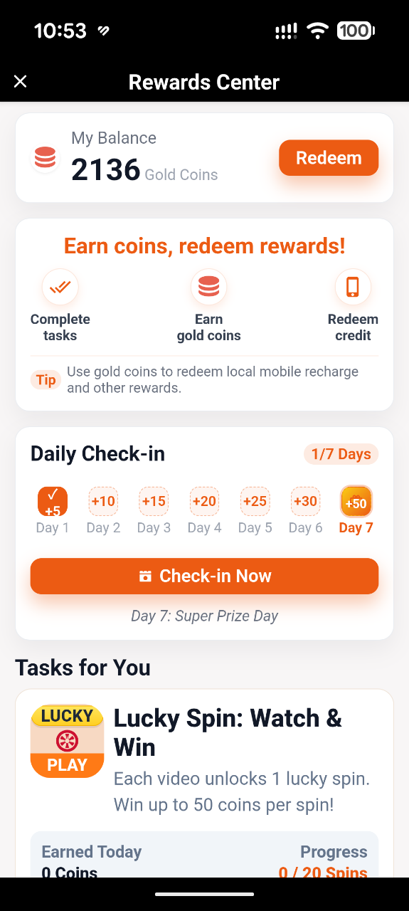 Da Fit Rewards Center with gold coins, daily check-in, lucky spin task, and redeem button