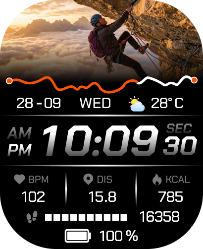 Da Fit outdoor climbing watch face with route, weather, time, distance, and activity data