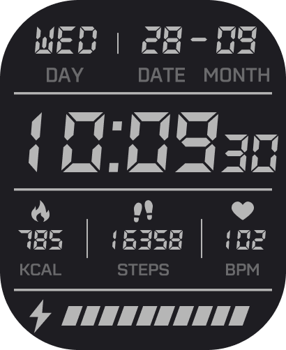 Da Fit monochrome digital watch face with time, calories, steps, heart rate, and battery