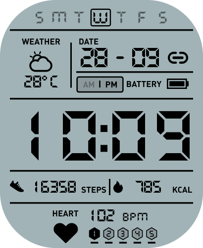 Da Fit classic LCD watch face with weather, time, steps, calories, and heart rate