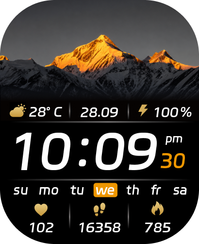 Da Fit watch face with a golden mountain summit, weather, time, activity, and battery