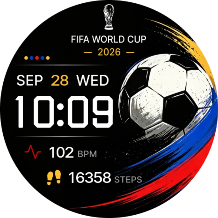 Round World Cup Da Fit watch face with football artwork, heart rate, steps, and time