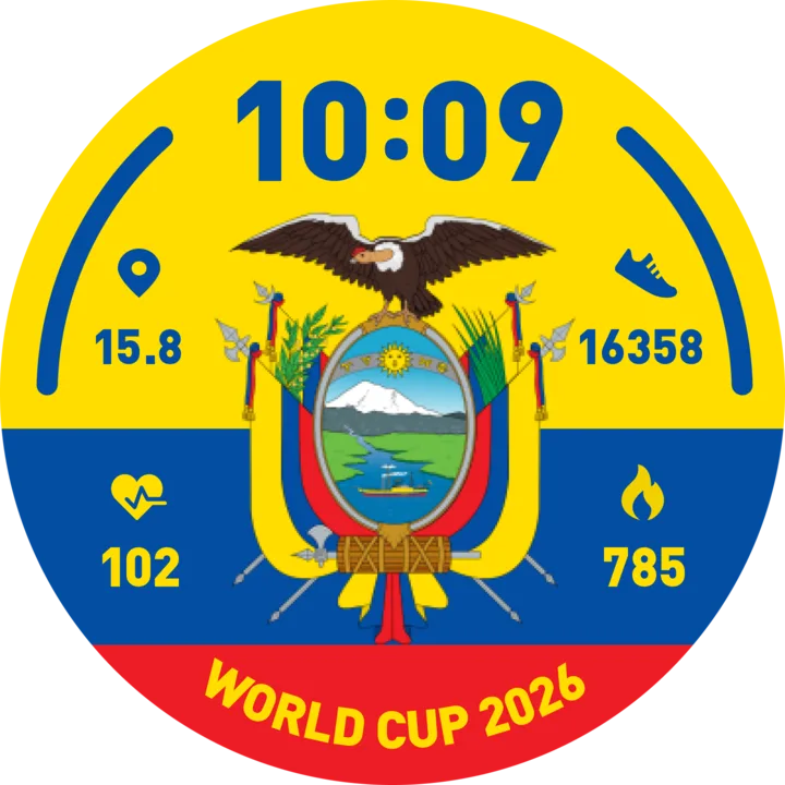 Round Ecuador team color Da Fit watch face with steps, heart rate, calories, and distance