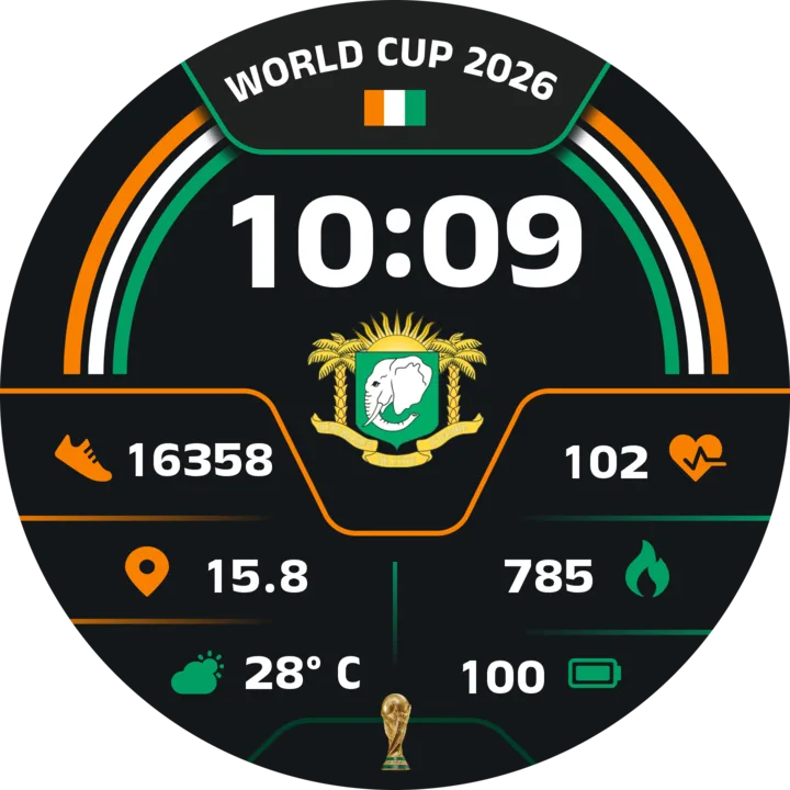 Round team color watch face with World Cup 2026 style and activity data