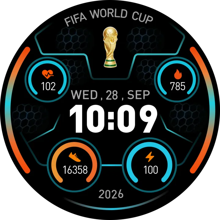 Round World Cup inspired Da Fit watch face with fitness rings and trophy artwork