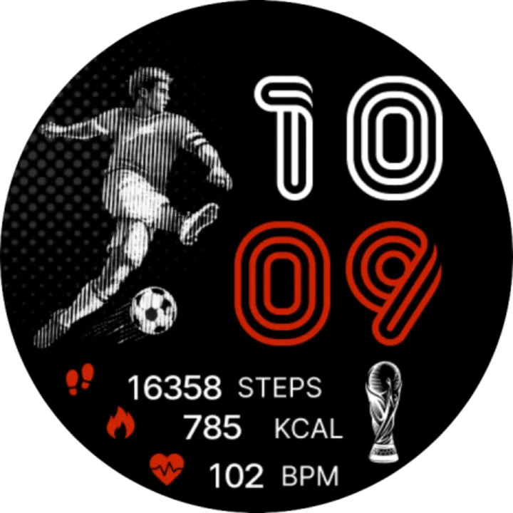 Round Da Fit football watch face with player silhouette, steps, calories, and heart rate